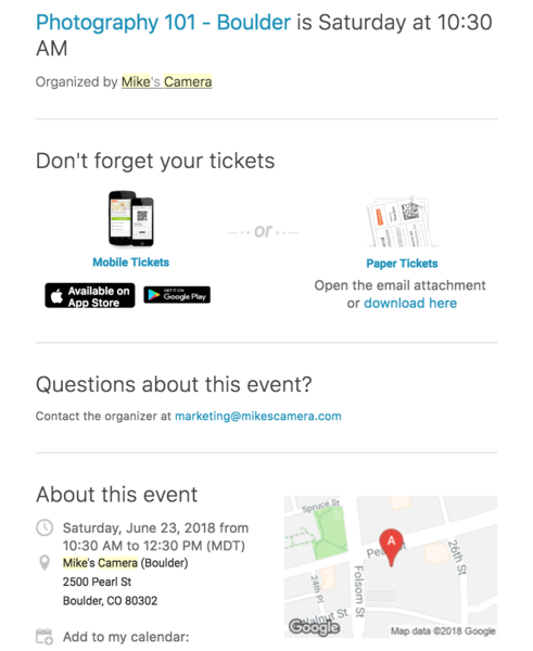 EventBrite email marketing example | Shopify Retail blog