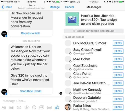 Uber Facebook Messenger referral propgram | Shopify Retail blog