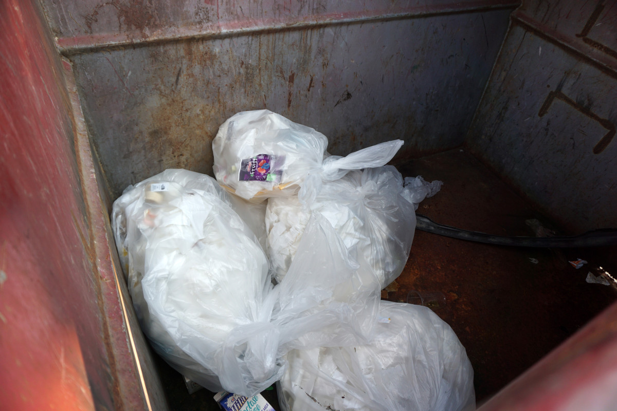 A few trashbags in Pack Rat's garbage bin is a sign that the store is leading in sustainability efforts.