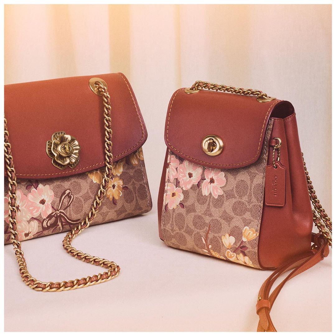 Double blooms. Double pretty. Our new Prairie Floral motif comes to life on spring's Signature Parker shoulder bag and convertible backpack.  #CoachNY